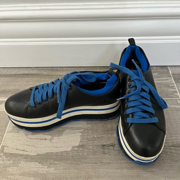 Prada Women’s Platform Leather Black Blue Sneakers. Size 37 - Picture 2 of 6